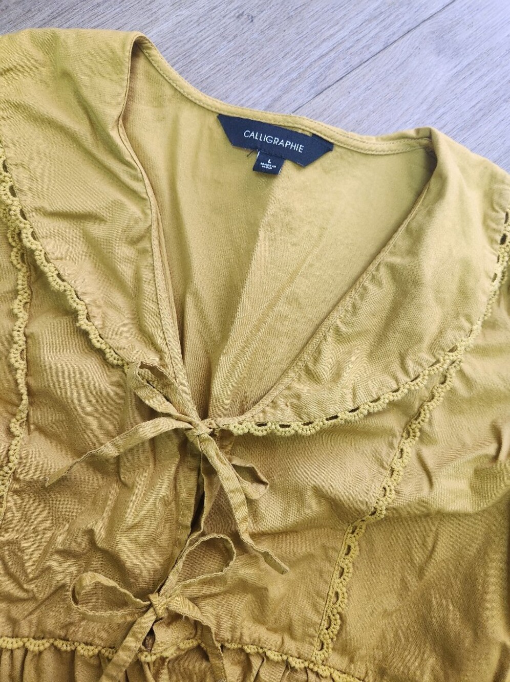 Calligraphie Anthropologie Mustard Yellow Tie Front Peplum Blouse Lace Trim